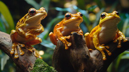 Three flying frog sitting on branch , wallace tree frog, Three Javan tree frog sitting on green leaves