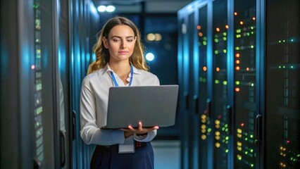 Professional woman analyzing data in a modern server room with laptop and vibrant lights