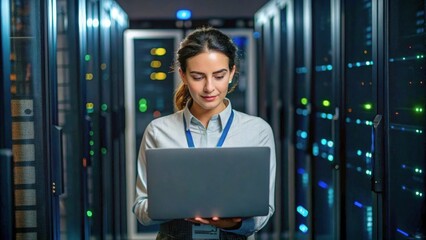 Female IT professional working on laptop in modern server room with colorful data lights