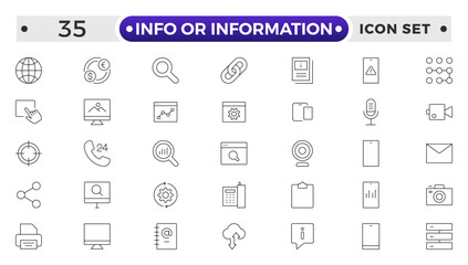 Info or Information outline icon set. Collection of help signs. Containing info, help, inform, support, news, instructions and notice icons. Online help, helpdesk, quick response, feedback and more.