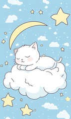 Cute Kitten Sleeping on Cloud  Night Sky  Stars  Moon  Dreamy Illustration