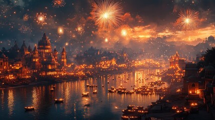 Naklejka premium Spectacular Varanasi Ghats Illuminated During Diwali