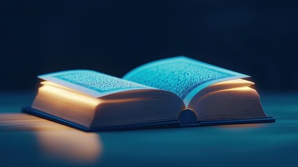 An holy book rests on a surface, softly illuminated from within, creating a serene and enchanting atmosphere.