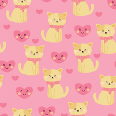 Obraz premium Seamless pattern cute cartoon cat with pink heart. cute animal pattern for valentine wallpaper, background and gift wrap paper