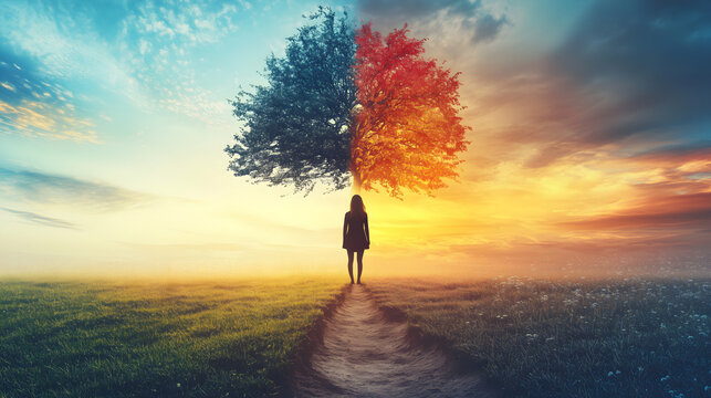 person stands at crossroads, surrounded by tree split between seasons, symbolizing life journey and choices