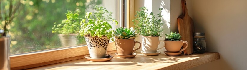Fototapeta premium A sunny urban kitchen featuring vibrant succulents in creative DIY planters made from recycled materials.
