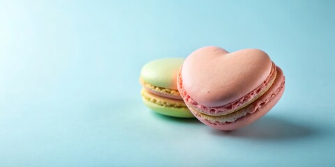 Obraz premium Heart-Shaped Macaron in Pink and Green Against a Soft Blue Background