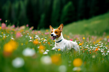 Fototapeta premium A playful dog frolics through a vibrant field of wildflowers, embodying joy and the beauty of nature.