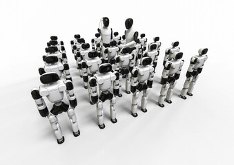 3D render image representing two humanoid robots teaching mini robots