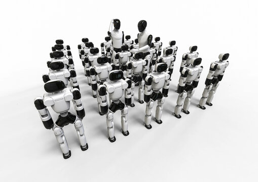 3D render image representing two humanoid robots teaching mini robots