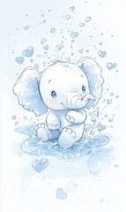 Cute Baby Elephant Splashing in Water with Hearts