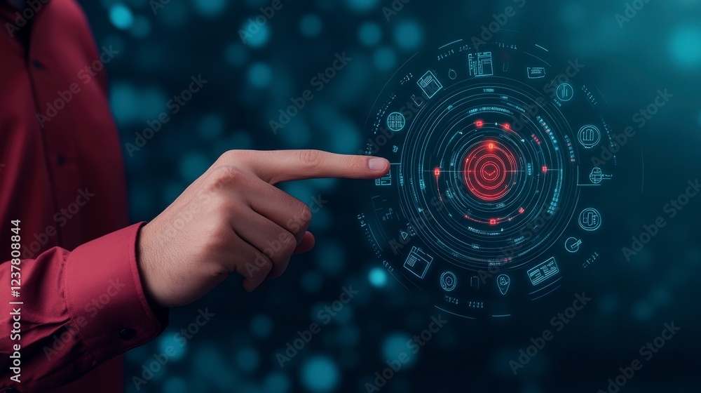 Poster hand reaching towards futuristic digital interface with data visualization elements