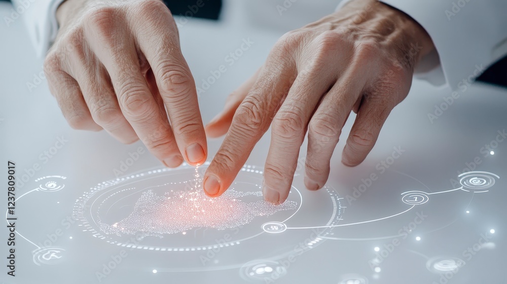 Aufkleber hands interacting with futuristic touchscreen display of data visualization concepts