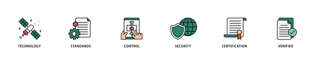 ISO27001 icon set flow process which consists of technology, standards, control, security, certification, and verified icon live stroke and easy to edit .