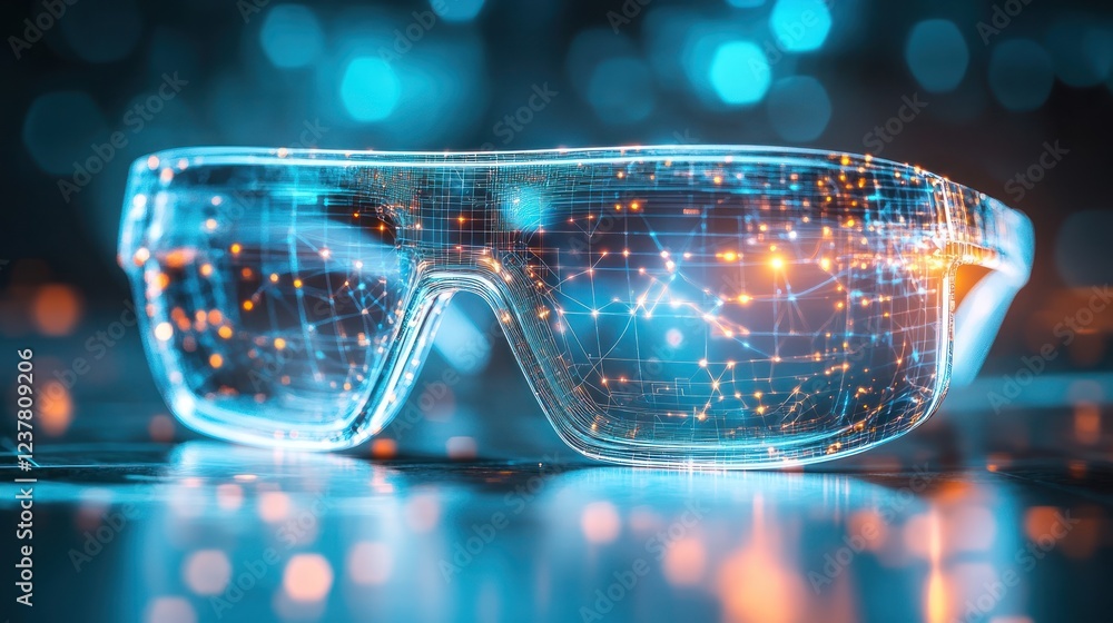 Poster futuristic glasses displaying a network of data and connections.