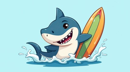 Naklejka premium Cheerful cartoon shark riding a wave while holding a surfboard on a sunny day in a vibrant ocean setting