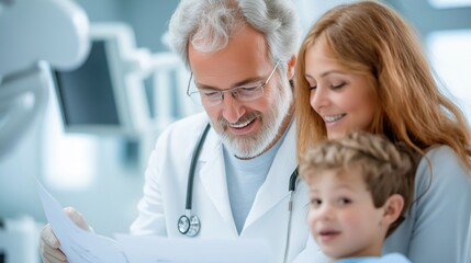Obraz premium A doctor showing a treatment plan to a young patient and their parent, creating a warm and reassuring atmosphere in a modern clinic setting