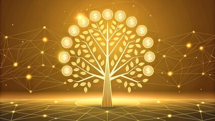 Golden Tree Symbolizing Growth and Prosperity with Dollar Signs and Abstract Background Design