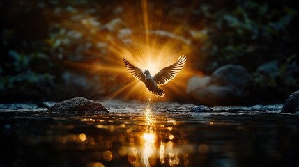 Obraz premium A radiant white dove soaring above water with golden light beams illuminating its path, surrounded by a serene natural setting and creating a divine atmosphere