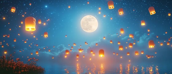 Lanterns glowing in a serene night sky.