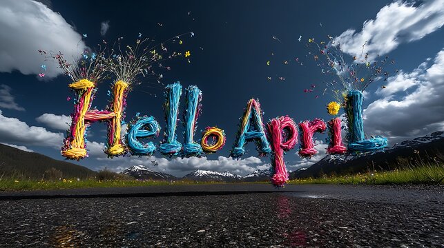 The words "Hello April" crafted from vibrant, colorful threads, adorned with wildflowers, float above a mountain road, celebrating the arrival of spring.