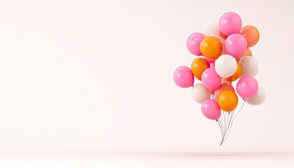 A vibrant cluster of colorful balloons in shades of pink, orange, and white against a soft background