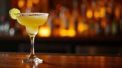 Vibrant cocktail served with lime on a wooden bar counter in a lively bar setting during evening hours