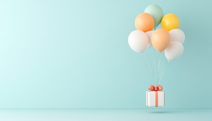 Colorful balloons lifting a gift box against a soft blue background, symbolizing celebration and joy