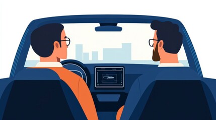 Naklejka premium Two Men Engaged in Discussion Inside Modern Car Cabin with Urban Background