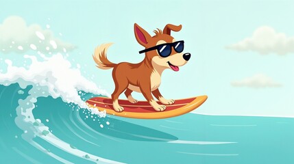 Dog surfing on a sunny day at the beach, enjoying the waves with sunglasses and a vibrant surfboard in a colorful ocean scene