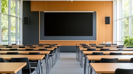 Fototapeta premium Modern Classroom Interior With Desks, Blackboards, Windows, and Natural Light for Educational Purposes