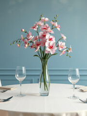 Fototapeta premium Table setting with elegant vase filled with flowers against blue painted wall, event planning, celebration, sophistication., dinner party