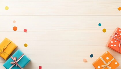 Colorful gift boxes arranged on a wooden surface with confetti, perfect for celebrations
