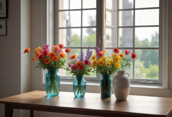Fototapeta premium Table against a window with a vase of fresh flowers in a quiet study room, flowers, peaceful ambiance