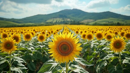 Rows of bright sunflowers reach toward the sky, creating a vibrant display against a backdrop of lush green hills. The sun casts a warm glow, enhancing the golden hues of the field