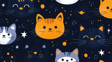 Cute cat faces pattern, night sky, stars, fireworks, textile print