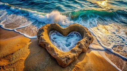 Fototapeta premium Heart-shaped Rock Formation with Waves on Sandy Beach at Sunset
