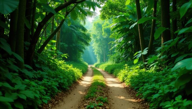 The dirt road leads through a dense thicket of vegetation, foliage, tropical