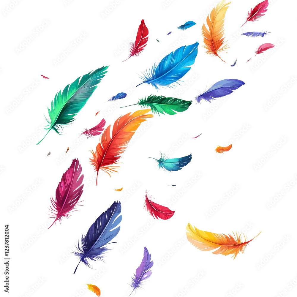 Aufkleber the image depicts numerous brightly colored feathers of varying sizes and shapes gracefully falling 