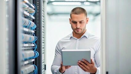 Professional Server Technician Managing Network Connections in Data Center Room