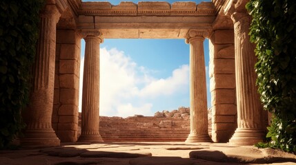 Fototapeta premium Ancient Ruins with Tall Columns and Blue Sky in a Historic Landscape