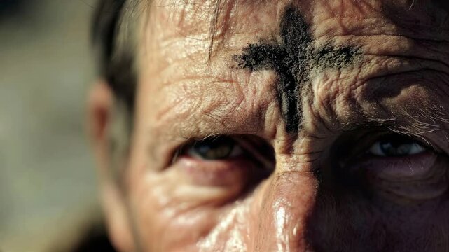A man with his eyes closed and an ash cross on his forehead slowly opens his eyes. Ash Wednesday concept