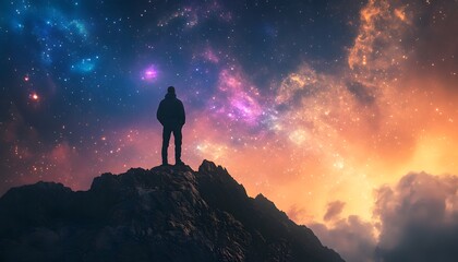 Fototapeta premium Solitary Figure Gazing at a Celestial Nightscape from a Mountain Peak