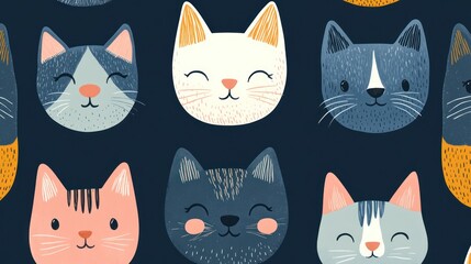 Happy cat faces seamless pattern, dark background, textile design
