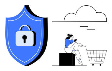 Woman using phone near shopping cart. Blue shield with padlock represents security. Cloud above symbolizes internet. Ideal for e-commerce, cybersecurity, online safety, digital transactions
