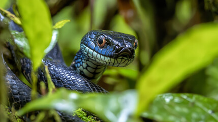 Obraz premium Blue viper snake closeup face, head of viper snake, Blue insularis, Trimeresurus Insularis, animal closeup