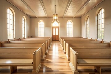 Obraz premium Serene Sanctuary Sunlight Illuminates Rows of Wooden Pews in a Tranquil Chapel