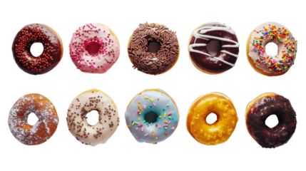 Ten delicious iced donuts with colorful sprinkles on transparent background