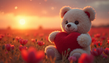 Fototapeta premium Whimsical Romance: Teddy Bear with Heart Amidst Flowers and Stars