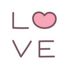 Cute love word icon. Hand written text decorated with a heart isolated on a white background. Kawaii St. Valentine day sticker. Vector 10 EPS.